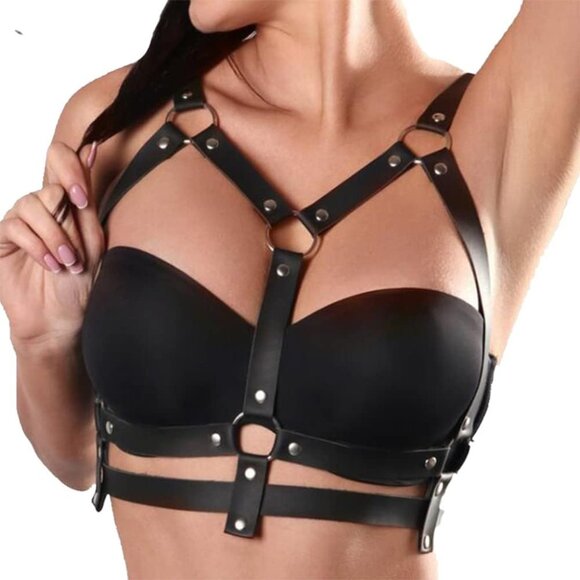 🆕Women Black Leather Chest Harness Body Waist Chain Rave Sexy Jewelry Accessory - Picture 2 of 5